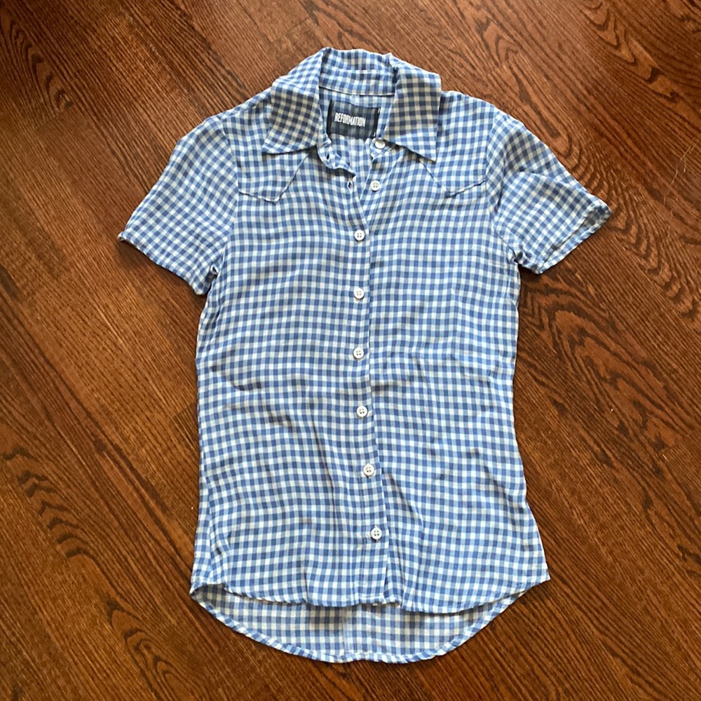 Reformation Blue Gingham Print Blouse